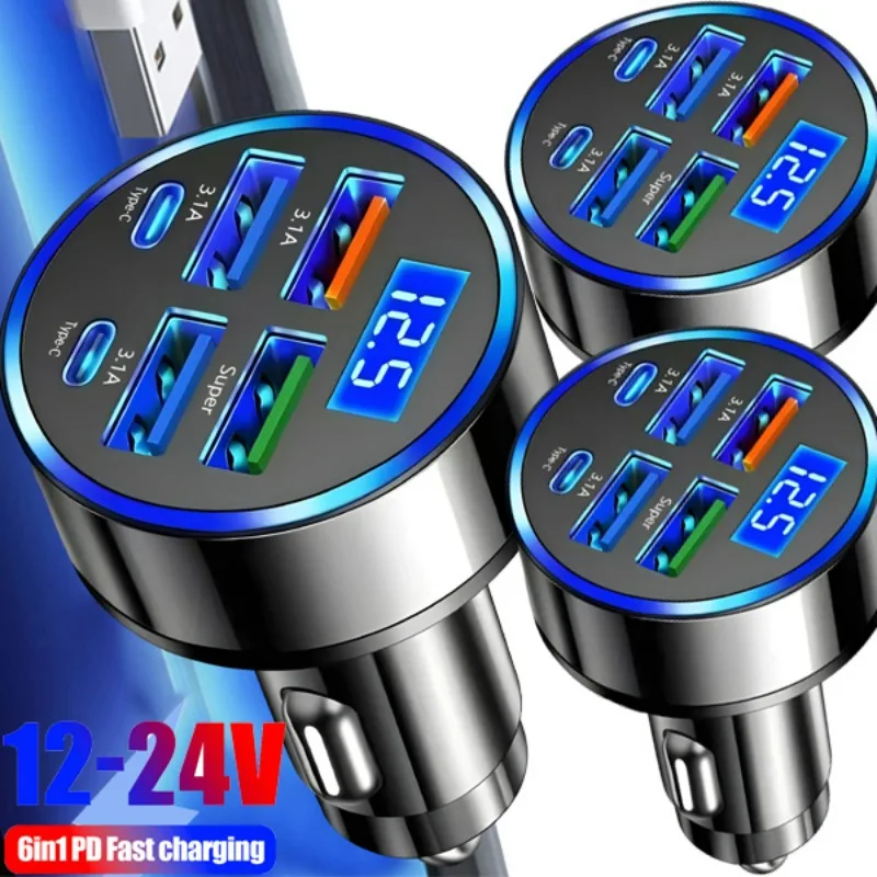 

6 in 1 Car Charger Adapter Digital Display LED 4USB+2PD DC12-24V Fast Charging Cigarette Lighter Socket Multi Port for Phone