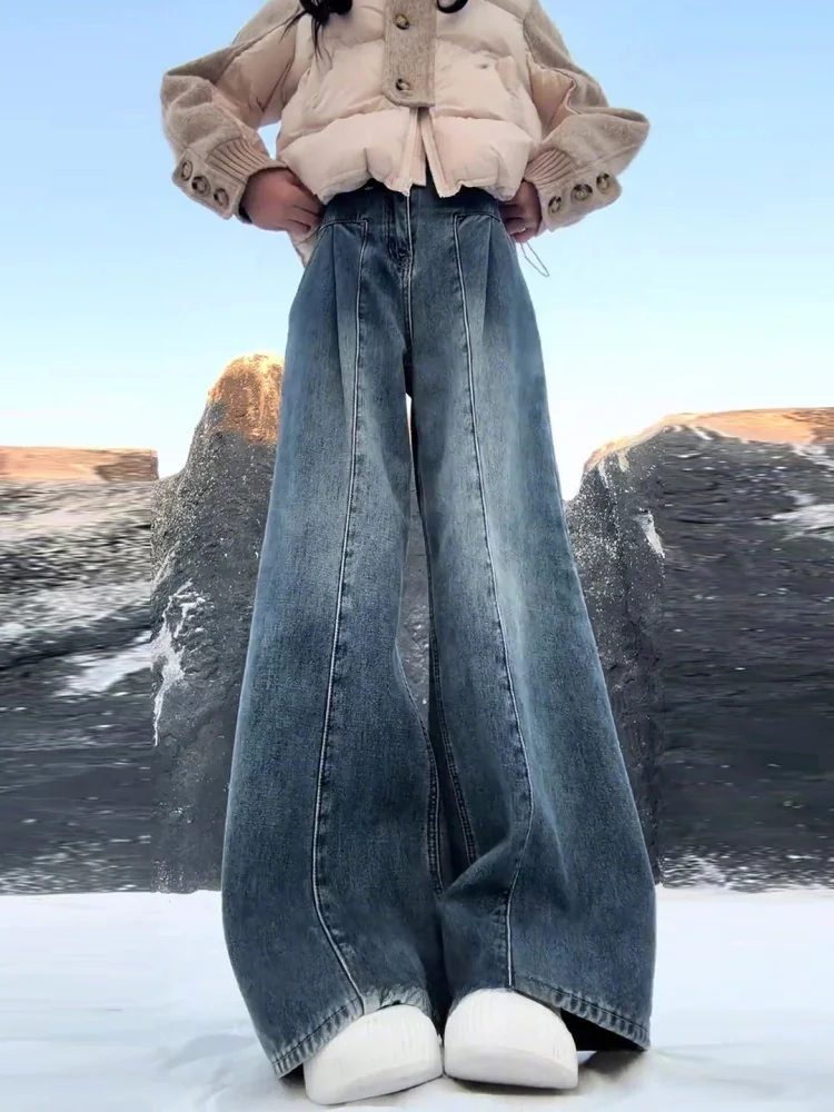 

American Retro plus Size Women's Denim Pants Autumn Winter Thickened Fleece Wide Leg Jeans High Waist Cleanfit Style Casual Wear