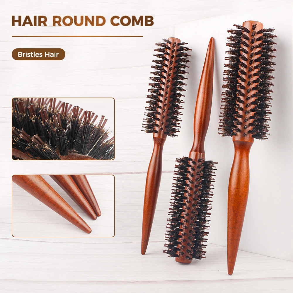 6 Style Natural Boar Bristle Hair Round Brush Wood Handle Round Barrel Hair Comb Hair Roller Brush Hairdressing Styling Tools