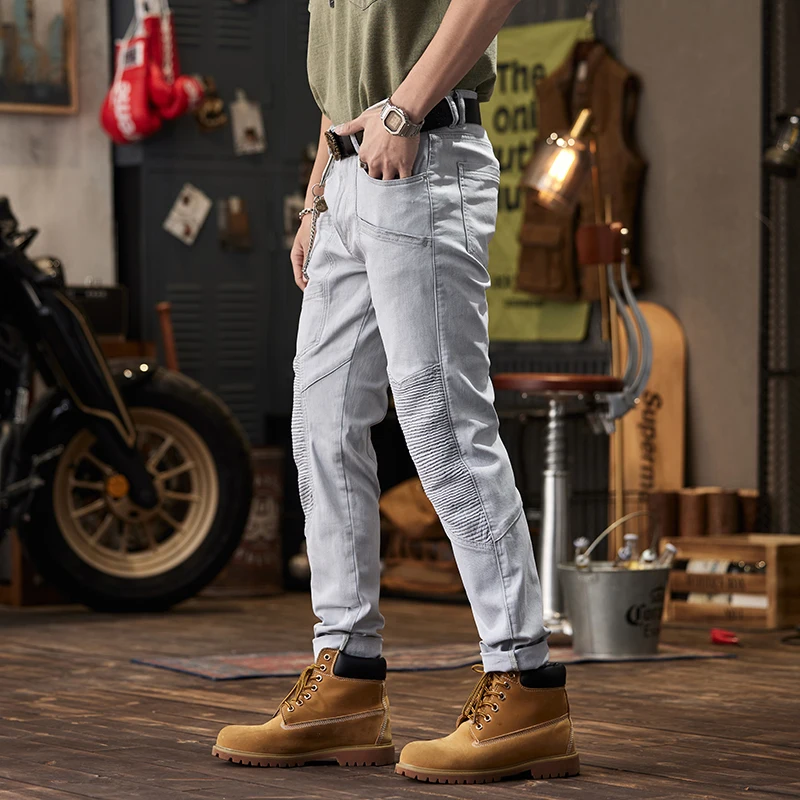 

Light Gray Jeans Men's Slim Fit Skinny Retro Street Stitching Ruffle Design Handsome Motorcycle Motor Bike Pants