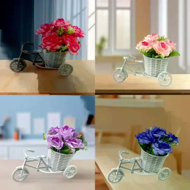Simulation Flower Decorations Rattan Flower Basket Tricycle Bicycle Model Home Garden Wedding Party Decoration Romantic And Cute
