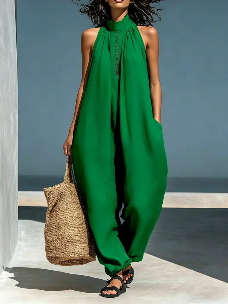 Yeezzi Women's Minimalist Solid Color High Neck Sleeveless Jumpsuit Fashion Pockets Loose Casual Summer Cool Jumpsuits 2026 New