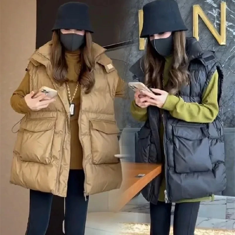 Women Winter Down Cotton Vest Jacket 2025 New Women Thick Warm Waistcoat Sleeveless Vest Coat Women Hooded Outer Wear Vest Coat