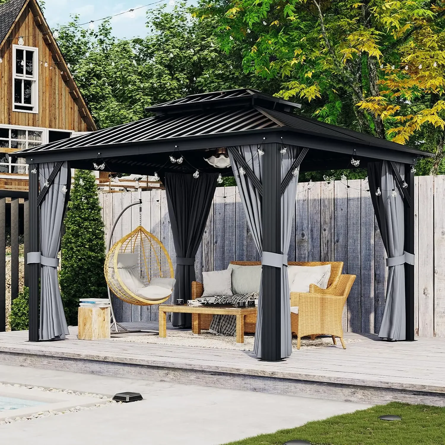 

10'x12' Hardtop Gazebo, Aluminum Frame Canopy with Double Galvanized Steel Roof, Outdoor Metal Pavilion with Netting, Curtains