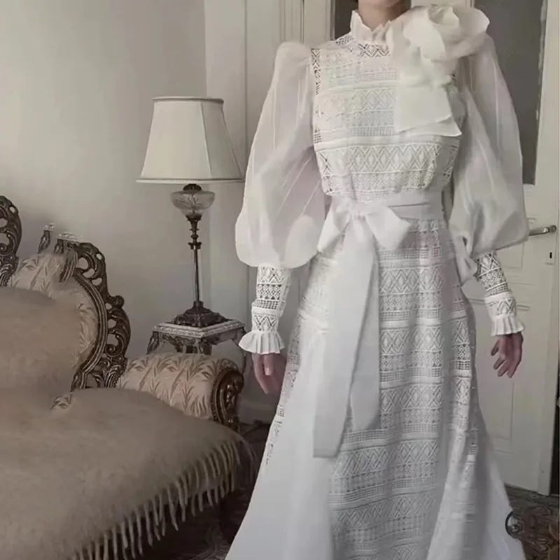 

French high-end new fashion lace splicing flower high-waisted slim-fitting dress simple temperament elegant versatile high-end h