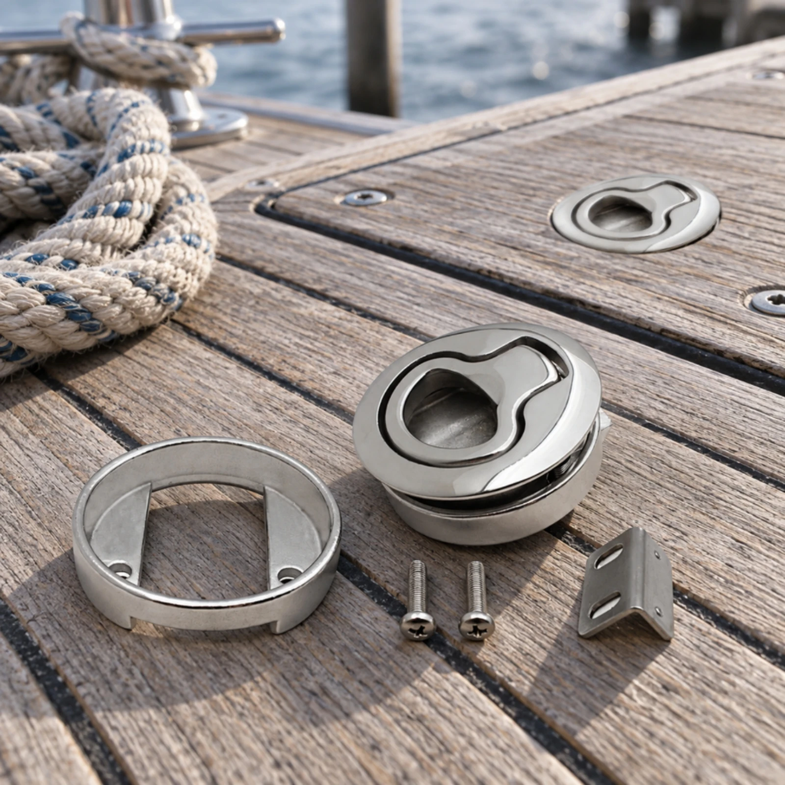 Flush-Mounted Deck Lock and Pull Handle Long-Lasting Round Deck Lock with Mounting Bracket Hardware Compact for Yachts