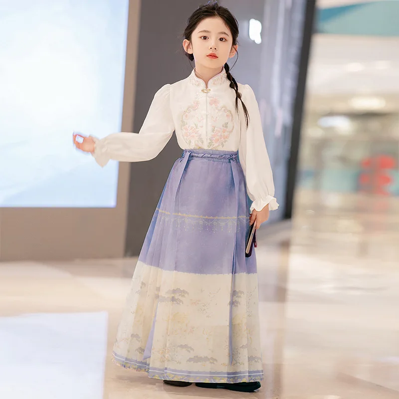 

Daily Girls Embroider Shirt Horse Face Skirt Hanfu Set Vinatge Chinese Traditional Dance Perform Clothing For Kids Cosplay