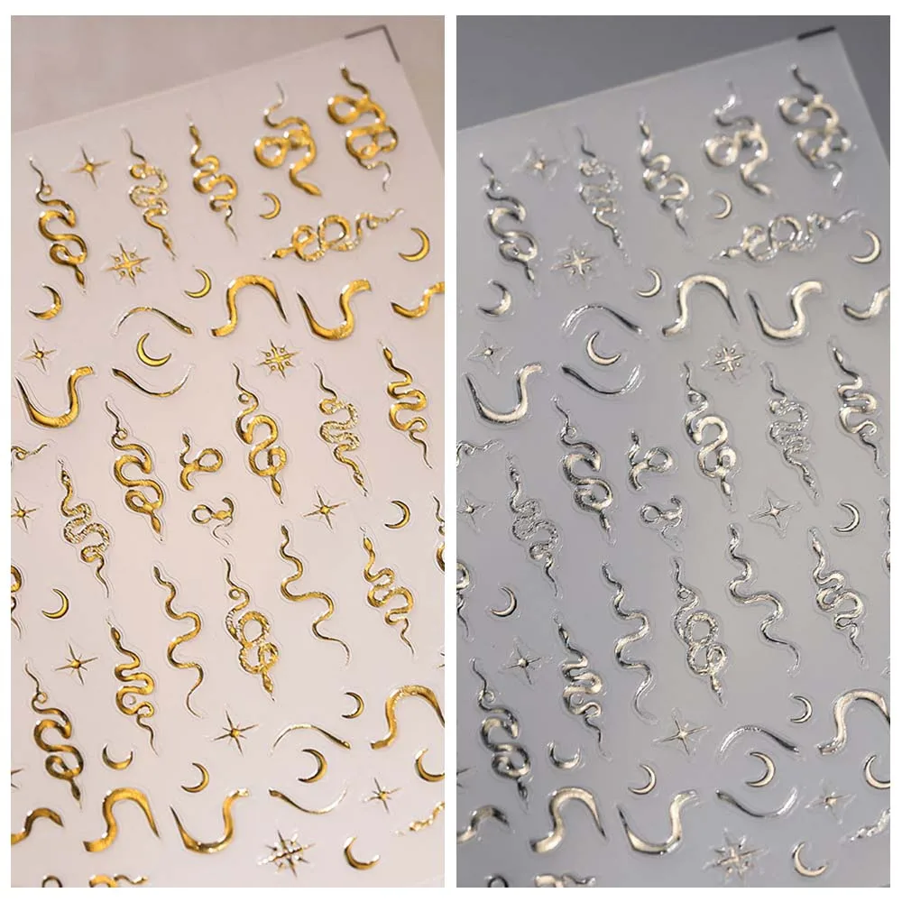 Pegatinas de uñas de estilo exótico 3D, diseño de serpiente plateada dorada bronceada, deslizadores de línea para manicura, calcomanías de luna y