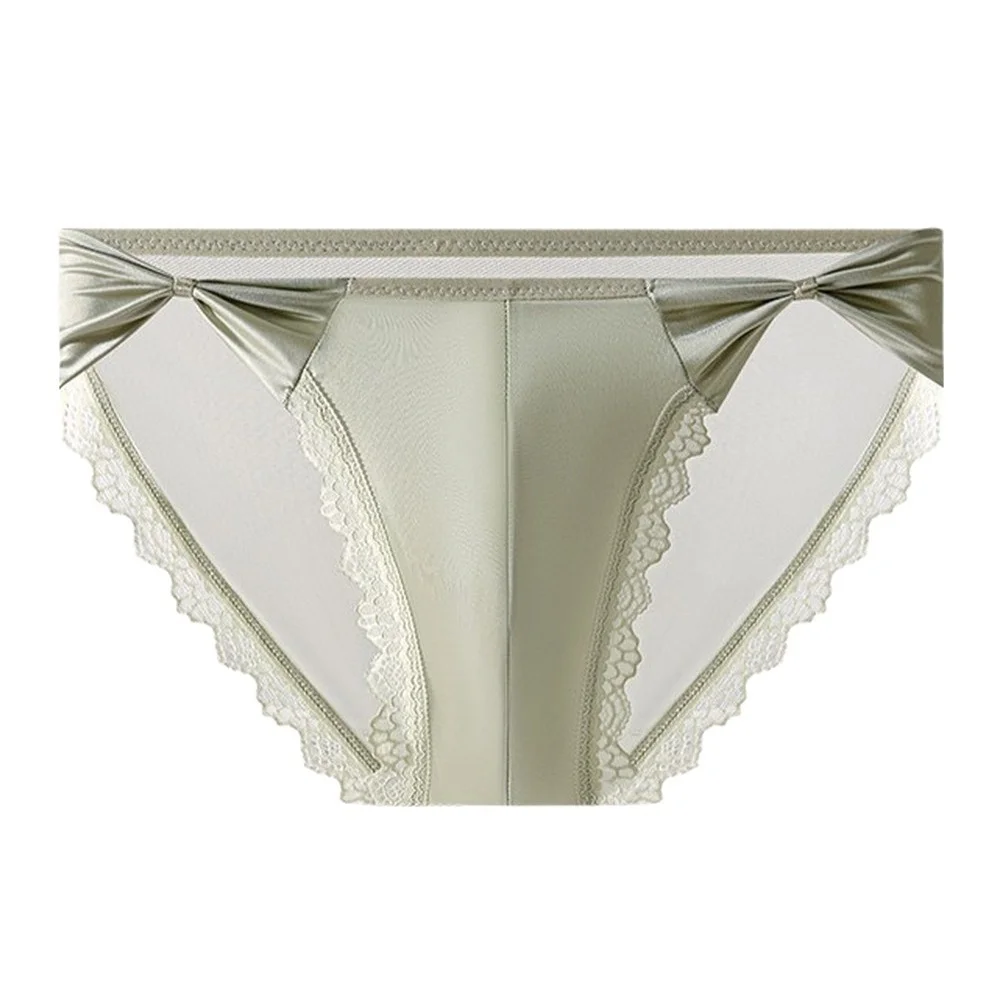 Men Lace Ice Silk Briefs Satin Underwear Bulge Pouch High Split Bowknot Panties High Cut Lace Mesh Sheer Underwear