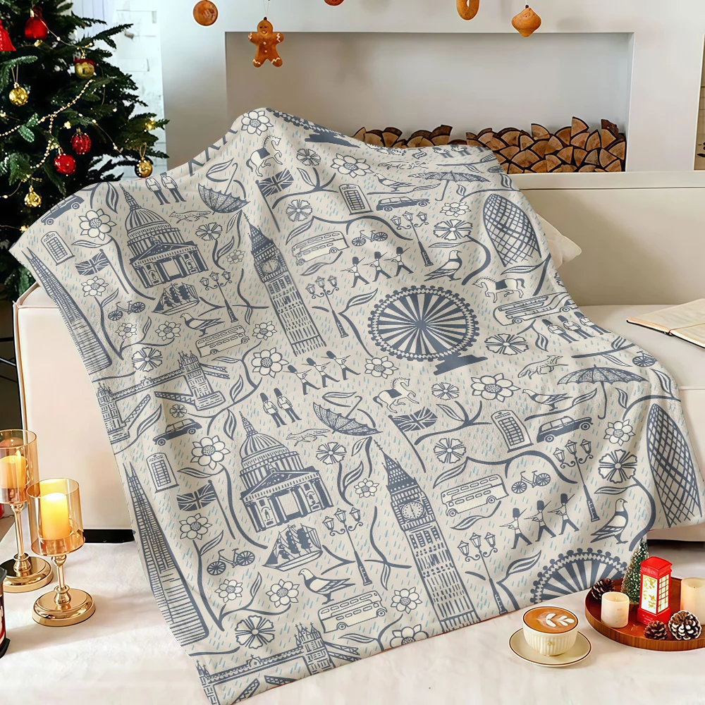 London Landmark City Line Art Flannel Blanket Soft Fuzzy Plush Cozy Lightweight Throw for Sofa Bed Couch Home Decor