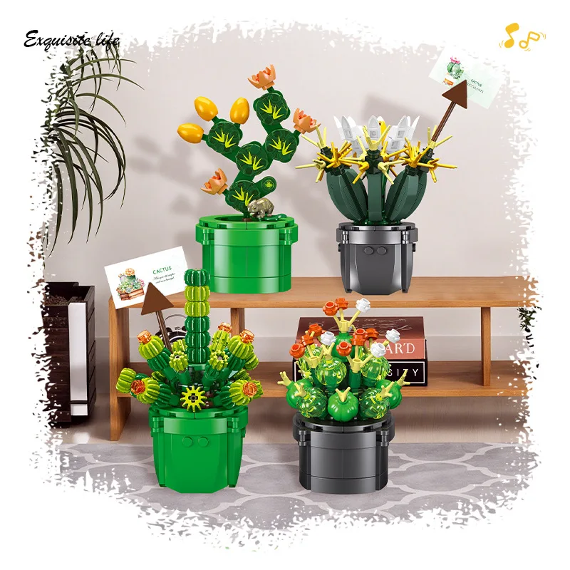 

Building Block Cactus Succulent Plant Potted Ornament Miniature Garden Decorative Piece for Home