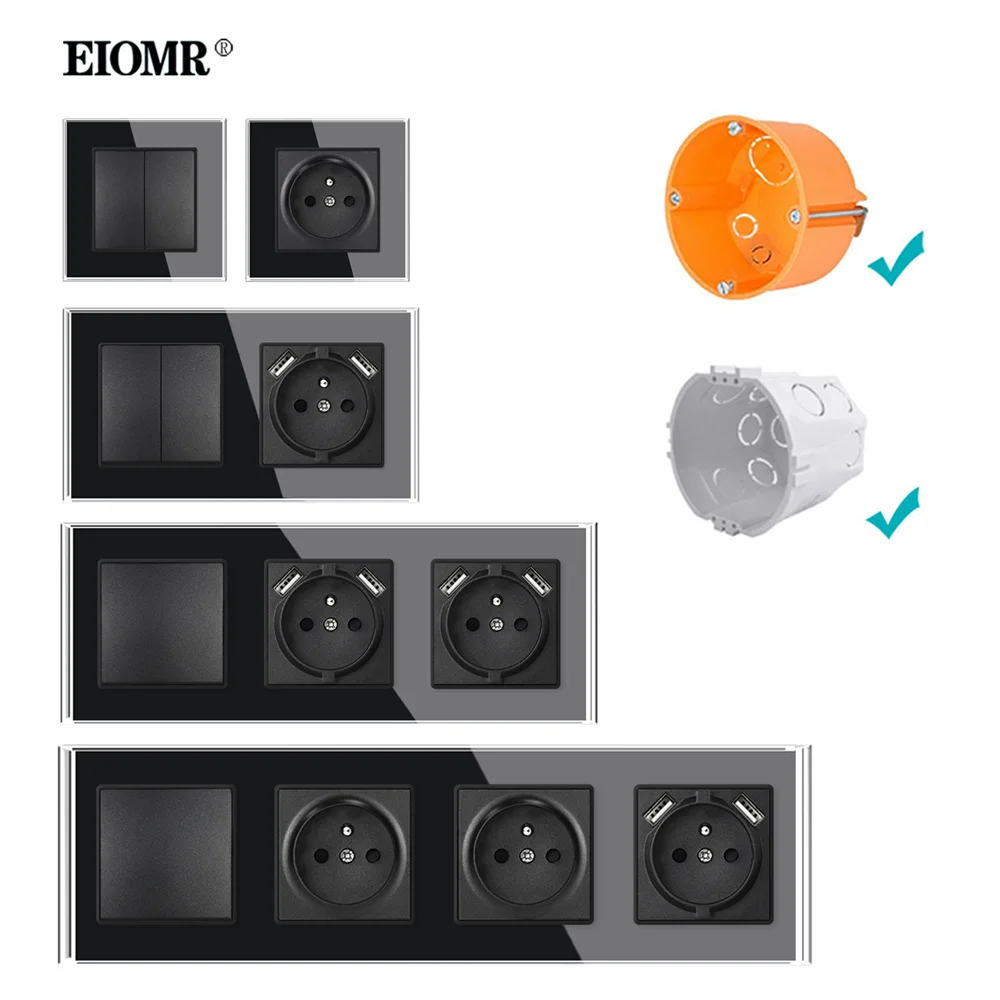 EIOMR France Standard Usb Wall Socket Black Crystal Glass Panel 16A 110-250V with Iron Claw Multi Electrical Socket and Switche