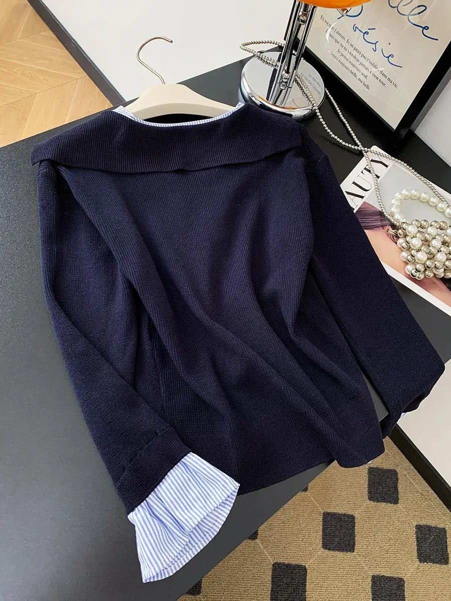 

Высококачественный цветной полосатый трикотаж, женский весенне-осенний новый воротник с темно-синим воротником, облегающий крой, мягкое волокно Coolmax, длинное...