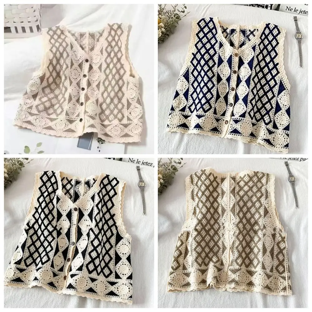 Stripe Hollow Out Crochet Crop Top Vest Lattice Cardigan Jumpers Waistcoat Top Single Breasted Korean Style