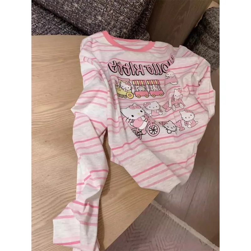 

2025 Новая женская модная повседневная спортивная рубашка с принтом Hello Kitty, быстросохнущая модная уличная футболка с длинными рукавами