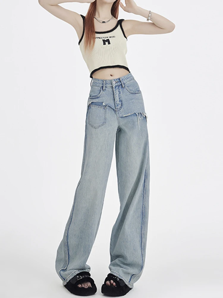 

Splicing Design Wide Leg Jeans Women Korean Style Fashion Baggy Straight Trousers Streetwear Denim Pants