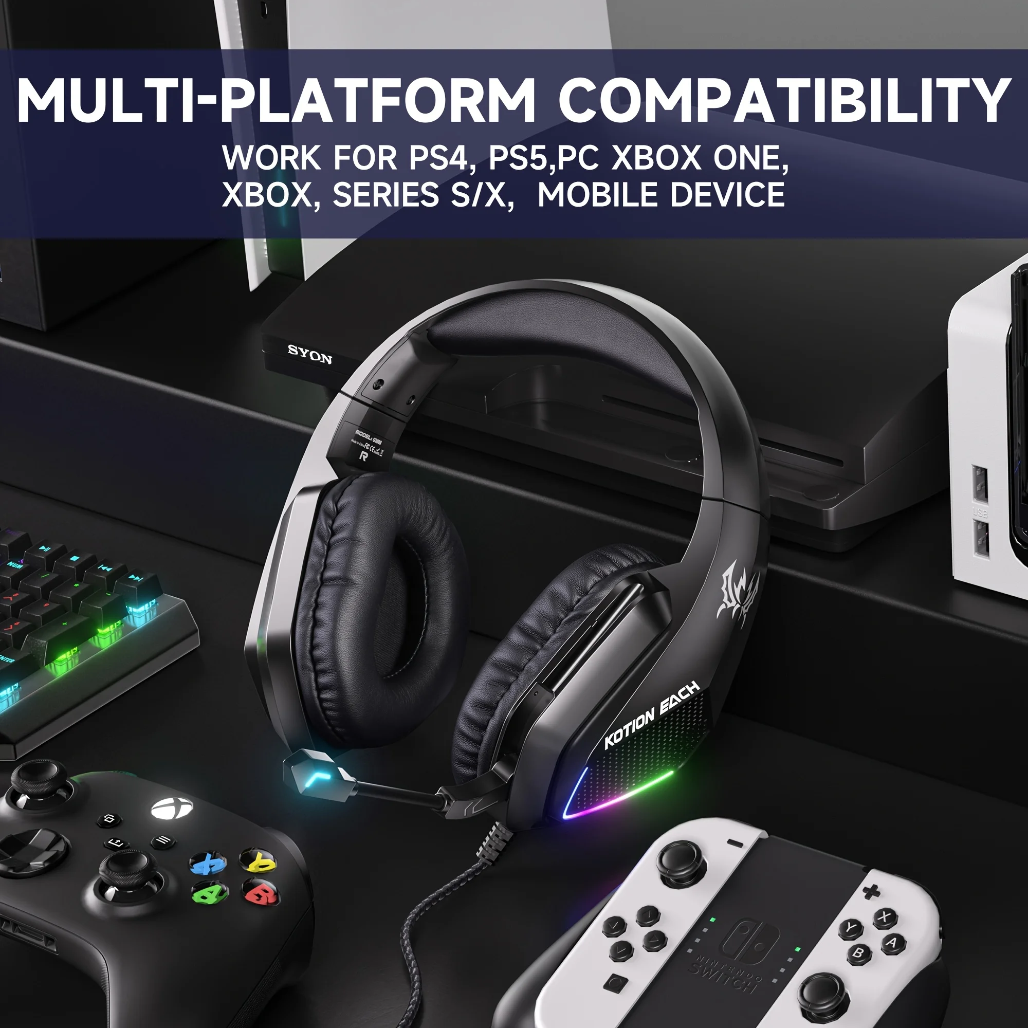 Cuffie da gaming con cancellazione del rumore G5000 con 120 ° Microfono regolabile, driver audio di alta qualità, suono surround stereo coinvolgente; dotato di illuminazione a LED, interfaccia