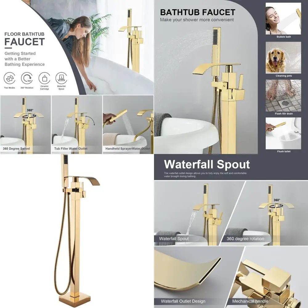 

Gold Polished Freestanding Tub Mixer Tap with Handheld Shower Sprayer