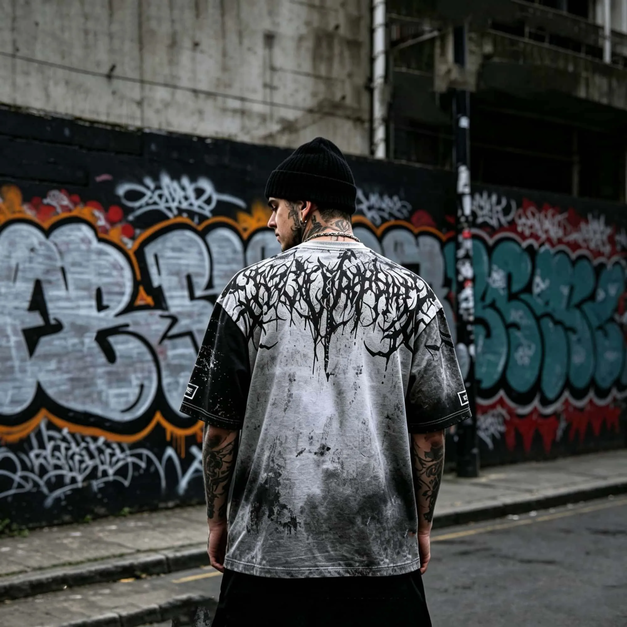 Dunkles Grunge Gothic Ästhetik Herren Oversized T-Shirt mit Dornen- und Ast-Print, Distressed Grau-Schwarz Farbverlauf, Rundhals-Streetwear-Oberteil – Detail 3