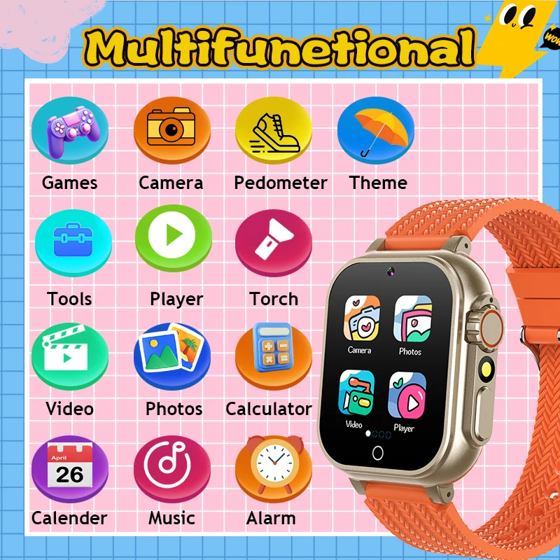 Crianças relógio inteligente meninas de 3-14 anos de idade, 24 jogos tela de toque de alta resolução crianças assistir cinto câmera leitor de música ped