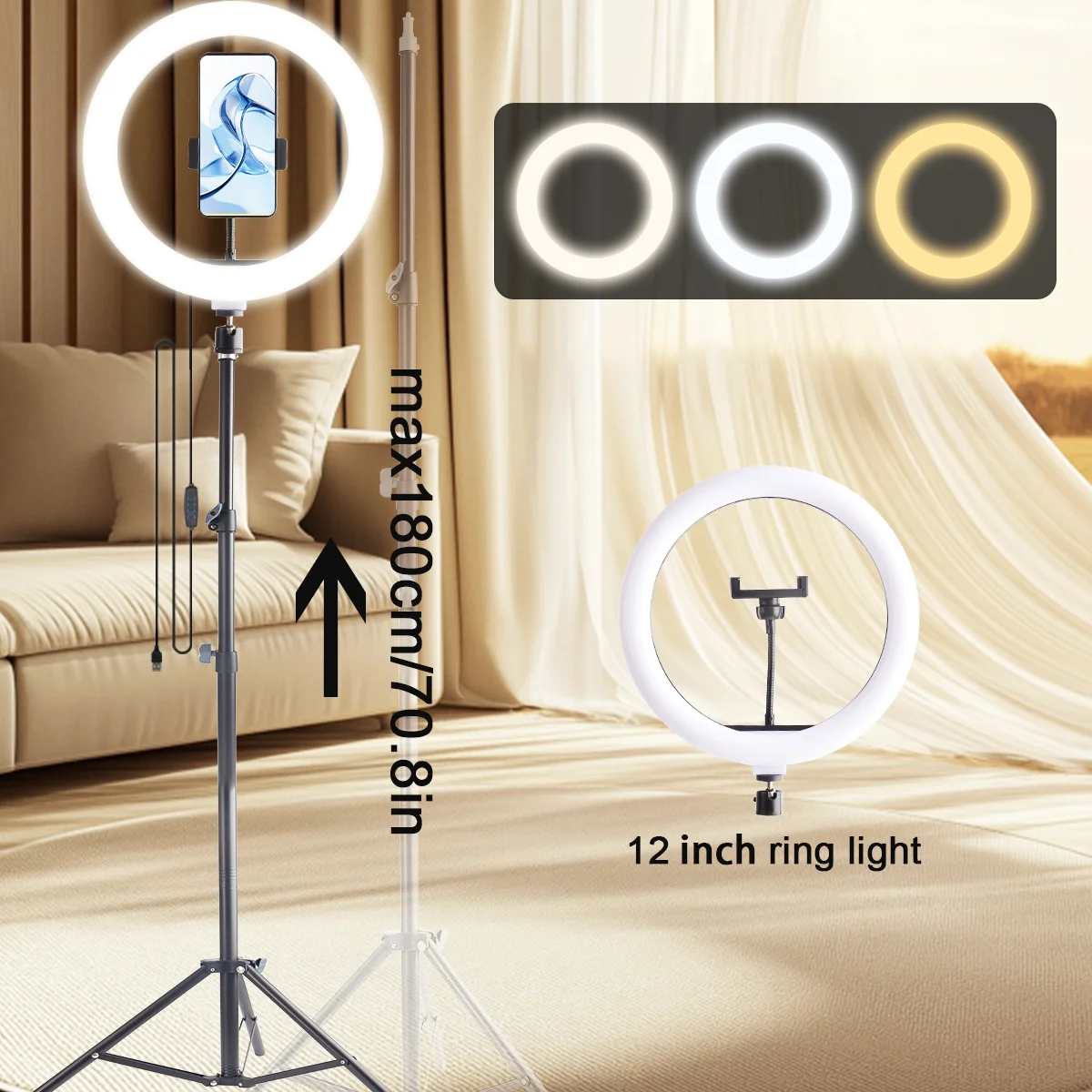 

Регулируемый 12-дюймовый кольцевой светильник и набор штативов для макияжа/видеоконференций, 3 режима освещения, регулируемая по высоте подставка до 70 дюймов