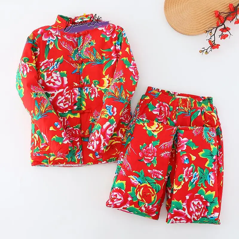 

Thickened Cotton Padded Jacket And Pants Set Women's Slim Fit V-Neck Button up Floral Silk Cotton Ensemble Winter Outerwear