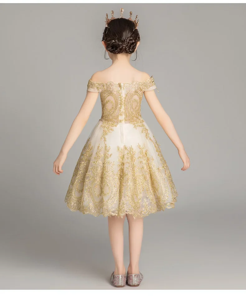 Golden Sequin Lace Girl Wedding Dress Off Shoulder Party First Communion Gown Kids Girl Pageant Princess Gown Flower Girl Dress