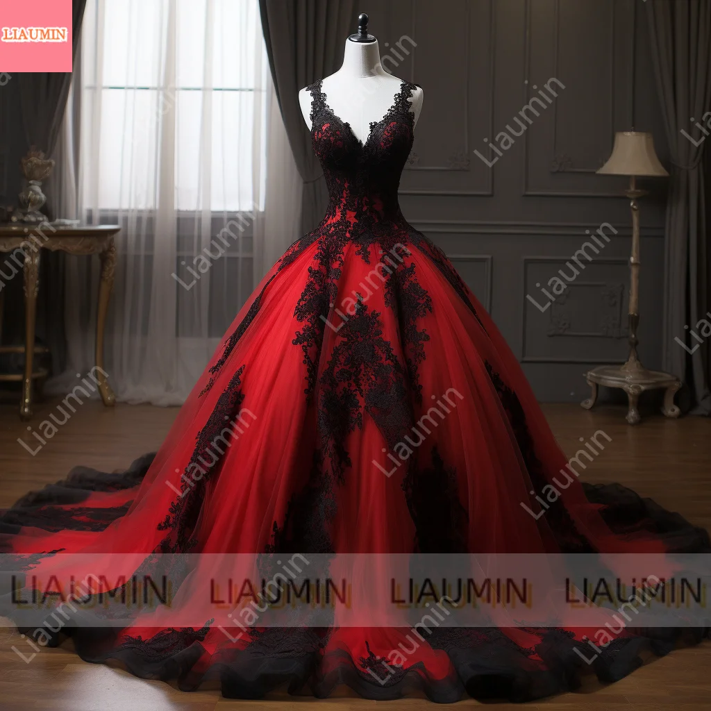 Vestido de fiesta con cuello en V y apliques de borde de encaje negro de tul rojo, vestido de noche largo con cordones, ocasión Formal, elegante, personalizado, W3-9