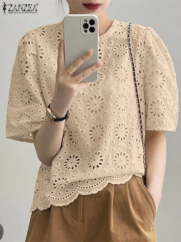 ZANZEA Korean Fashion Hollow Out Embroidery Blouses Women Summer Casual Short Sleeve Lace Patchwork Blusas Holiday Tops Feminina