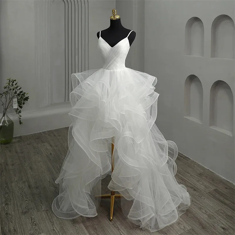 A Line White Women's Wedding Dress Sexy Strap Sleeveless Ruffles Organza Beach Garden Birthday Long Bridal Gown Skirt Robes