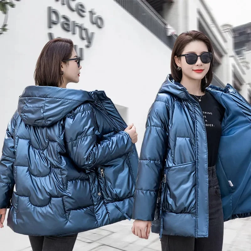 Jaqueta de inverno das mulheres parkas brilhante para baixo algodão acolchoado parka 2022 nova jaqueta feminina solta grosso outwear com capuz quente outcoat preto