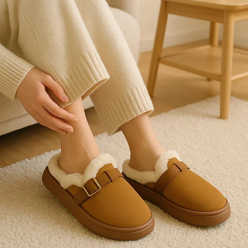 Winter-Plüsch-Pantoffeln für Damen mit Schnalle, Dicker Plüsch, Warme Flauschige Hausschuhe, Rutschfeste Baumwollschuhe für Draußen – Detail 4