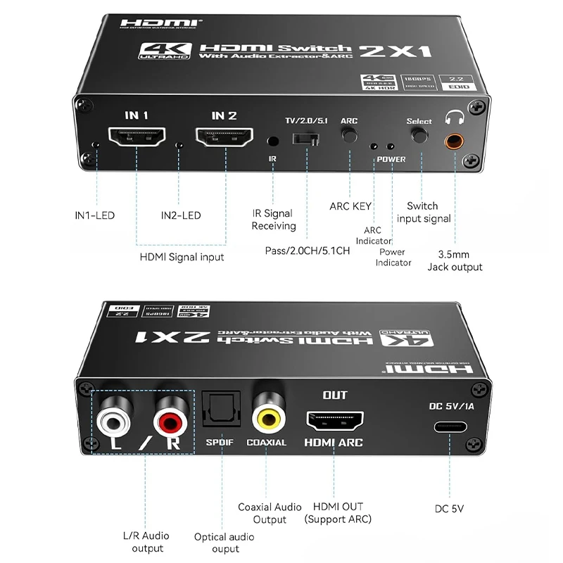 4K HDMI Switcher 2 in 1 out Audio Extractor HDMI ARC Audio Switch 2x1 Selector with R/L+Toslink SPDIF+COAXIAL Audio out Adapter