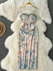 Foamlina Retro Style Chest Padded Floral Lace Trimed Suspender Dress for Women Summer Sexy Sleeveless Printed Party Long Dress