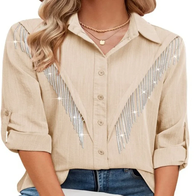 Women\'s Fashion Shiny Rhinestone Fringe Single Breasted Long Sleeve Casual Lapel Shirt Western Cowboy Country Concert Outfit