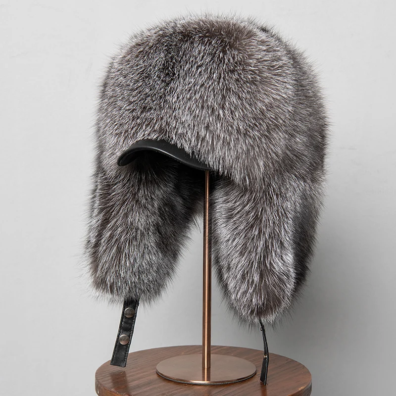100% Real Fox Fur Hats Women's Men's Russian Ushanka Aviator Trapper Warm Winter Snow Skiing Hat with Earflap Full Pelt FLuffy B