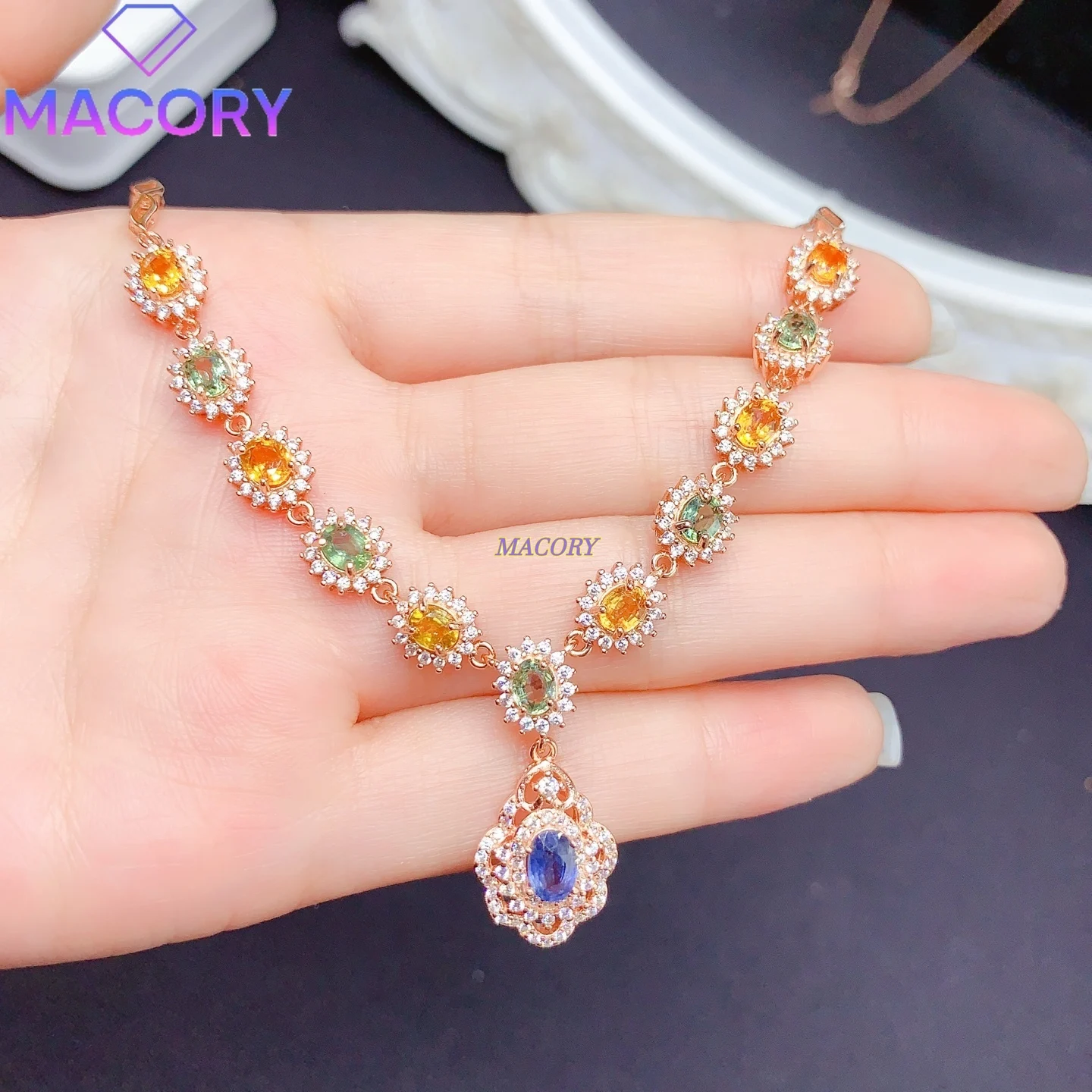 

Boutique natural colored sapphire necklace women's luxury shiny high-end jewelry sterling silver 925 inlay with certificate