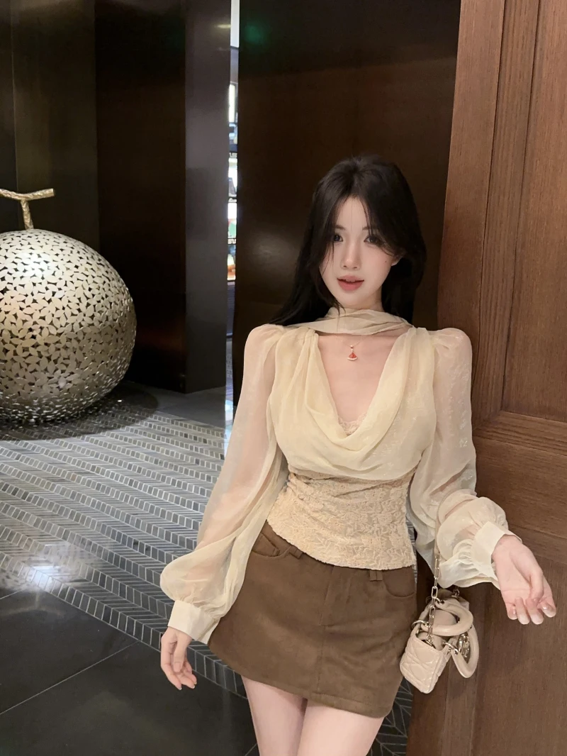 

Ruffle Collar Long Sleeve Lace Patchwork Women's Shirt Spring Slimming Waist Design Pure Desire Top Korean Style Commute Wind