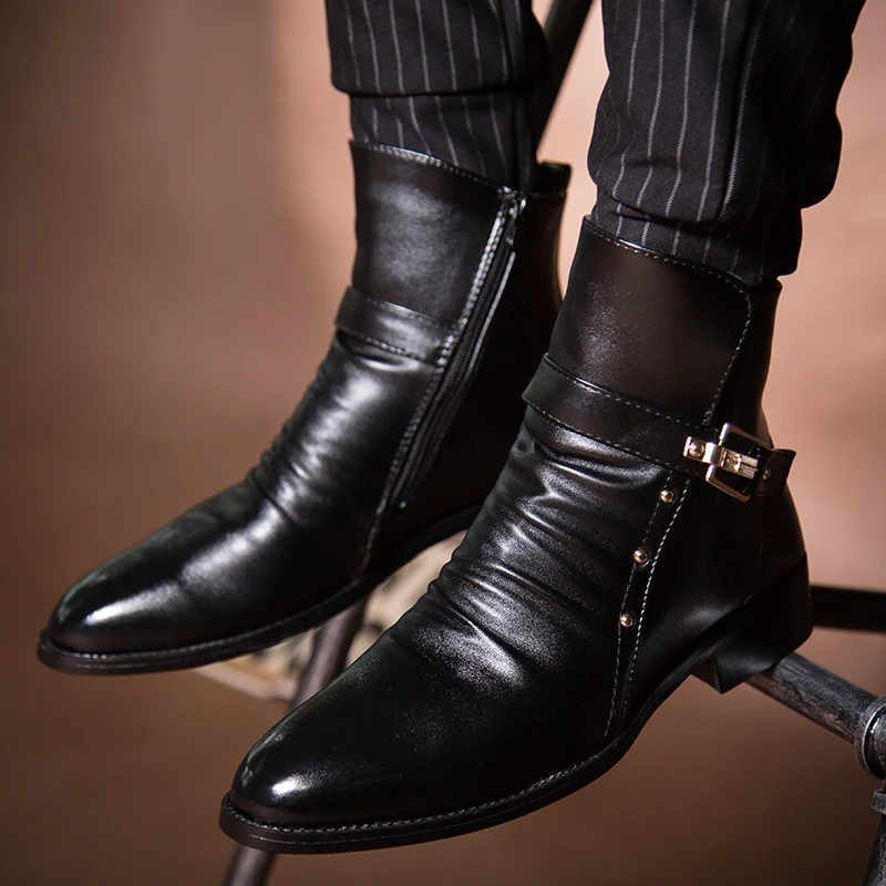 

2024, весенне-осенние мужские высокие короткие ботинки, кожаные туфли в британском стиле в корейском стиле, черные универсальные деловые туфли на низком каблуке с острым носком