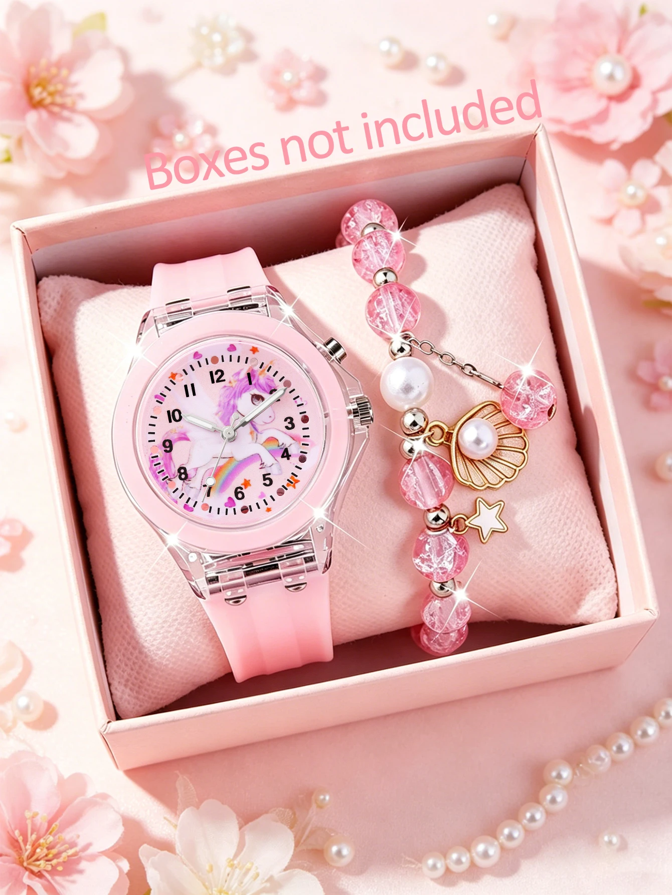 Fashionable Children's Glowing Quartz Watch Set with Bracelet Shell Pendant Daily Versatile Light-up Design Birthday Gift