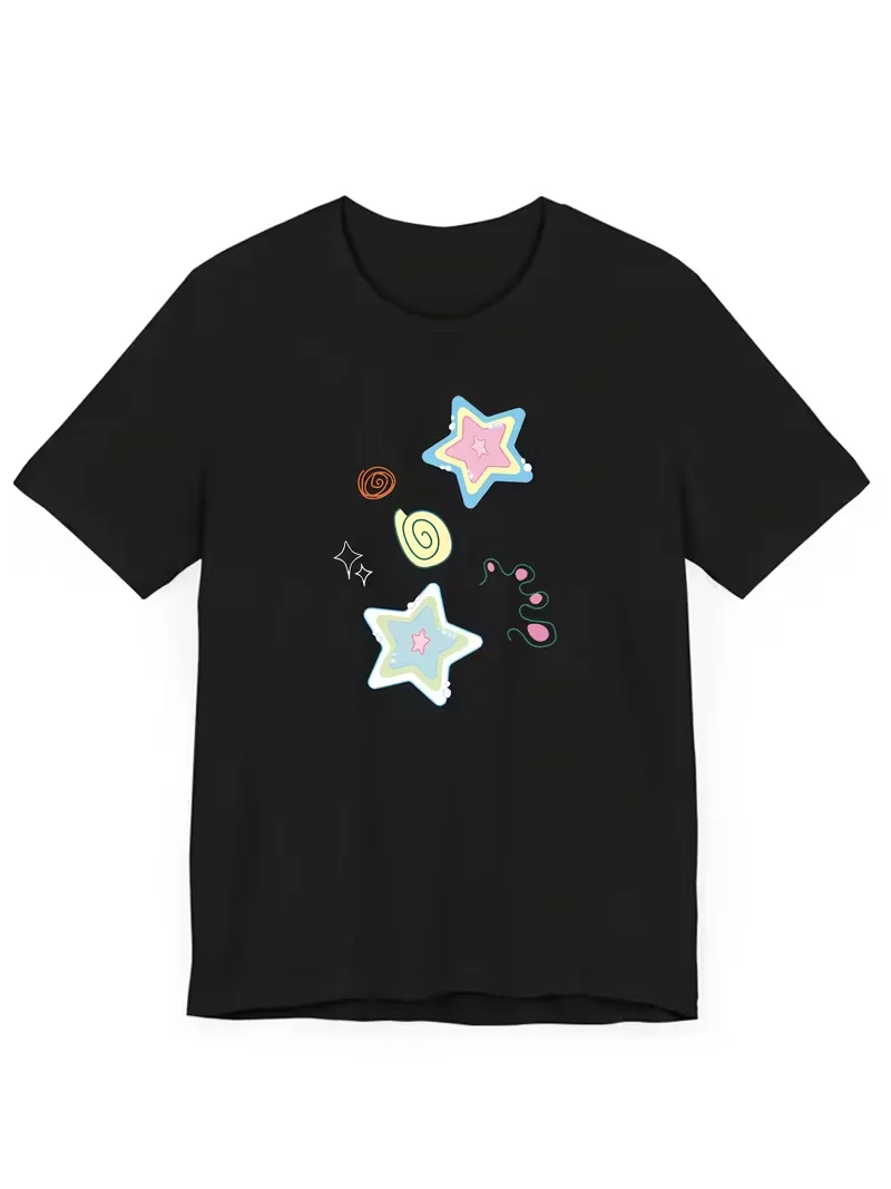 Y2K Pastel Kawaii Star Graphic T-Shirt Cute Colorful Doodle Swirl Print Soft Casual Short Sleeve Daily Comfort Women Basic Tees
