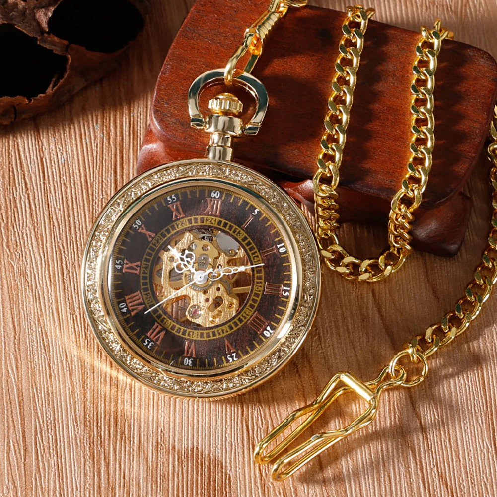 Elegant Vintage Open Face Dial Mechanical Hand Winding Pocket Watch Gold/Rose Gold/Silver Fob Chain Pendant Timepiece Gift Men