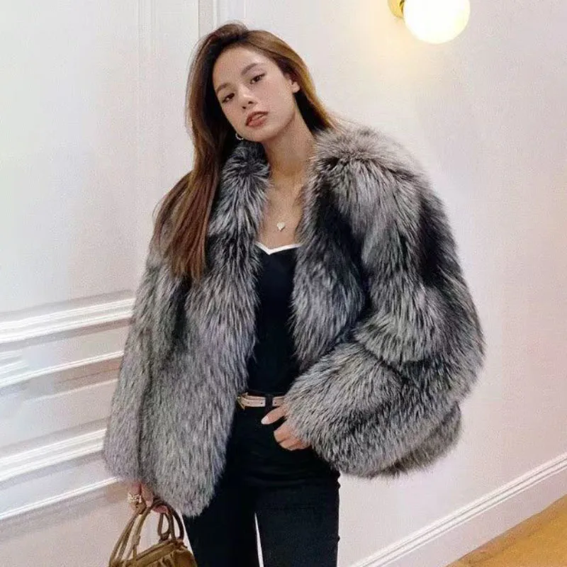 Fall/Winter 2023 New Silver Fox Fur Jacket Women Short Overcoat Loose Short Luxury Thick Warm Parker Coat Casual Mao Mao Clothes