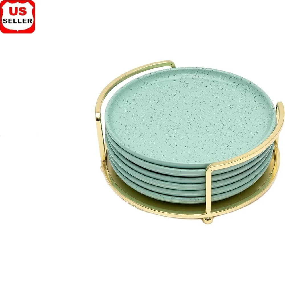 

Ceramic Dinnerware Plates Set of 6 with Iron Caddy Assorted Speckled Designs Durable Home Accessories All Occasions