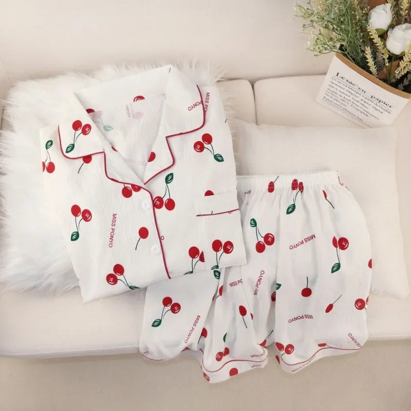 

Хлопковая пижама Four Seasons Cloud, женский кардиган, одежда для сна с милым вишневым принтом для девочек, простые летние шорты с короткими рукавами, 2 шт./компл.