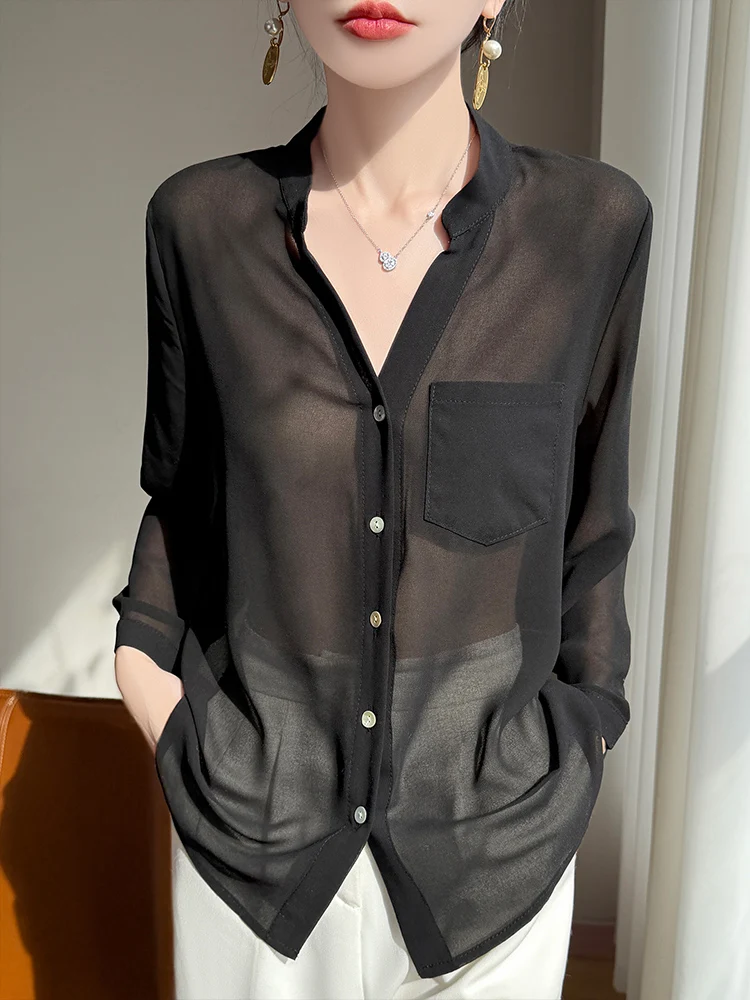 

Женская рубашка 2026: Новинка, универсальная, с V-образным вырезом, с длинным рукавом, из шифона, элегантная, модная, повседневная, для женщин