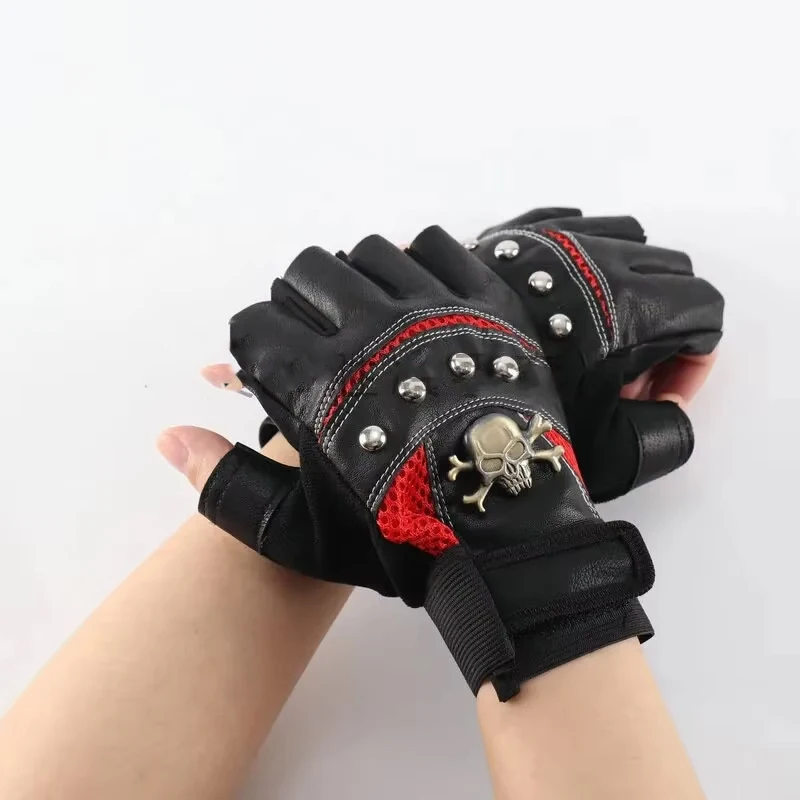 

Кожаные перчатки с полупальцами из ПУ кожи, мужские перчатки на все сезоны для альпинизма и верховой езды, индивидуальные защитные перчатки с черепами и заклепками для фитнеса
