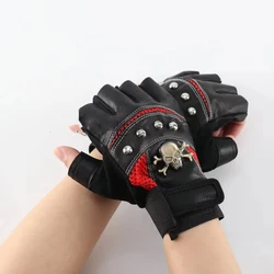 Guantes de cuero Pu de medio dedo para hombres, cuatro estaciones, montañismo, equitación, táctica, personalidad, remache de Calavera, guantes protectores de Fitness