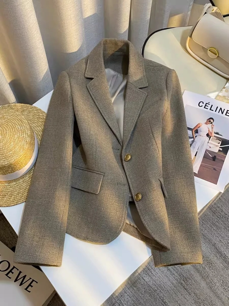 

Женский пиджак 2026: Новинка, серый, высококачественный, элегантный, для офиса, универсальный, повседневный, в корейском стиле, больших размеров, модный топ-блейзер