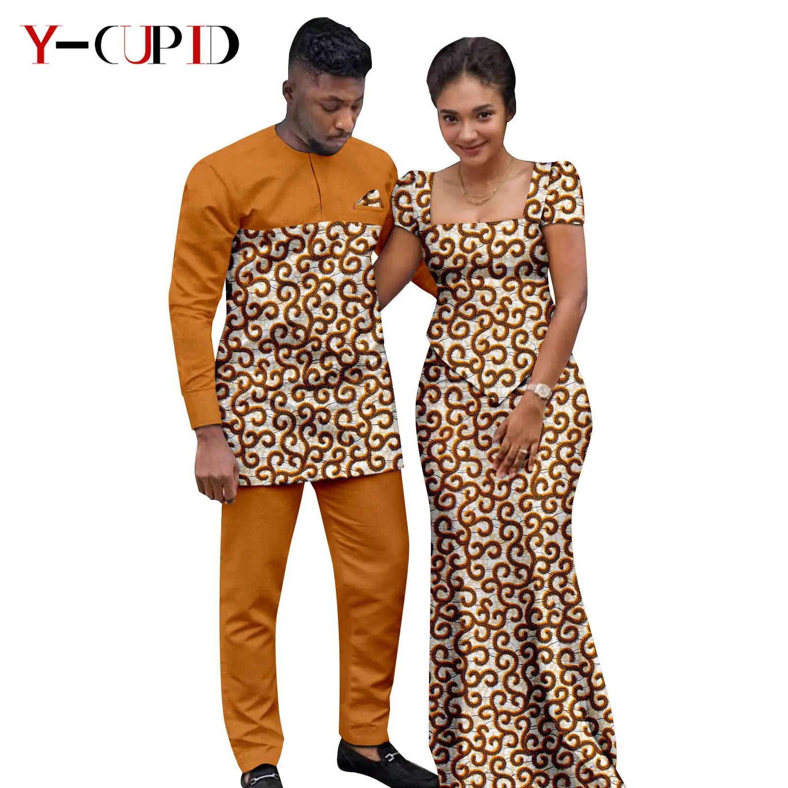 

African Print Top and Skirt Sets for Women Matching Men Outfits Top and Pants Sets Bazin Riche African Couple Clothes 25C083